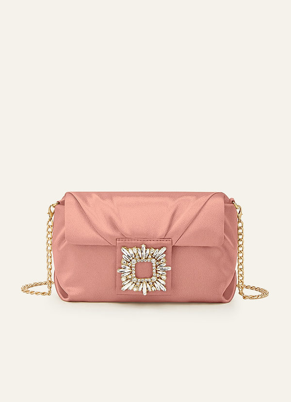 front Matching Color Stretch Satin Rhinestone Square Buckle Clutch