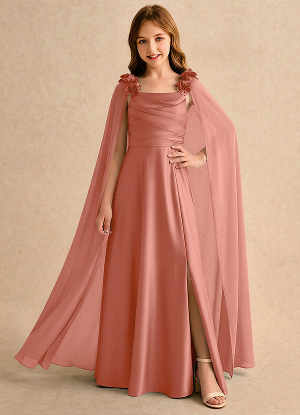 Azazie Rosita Girls Formal Flower Girl Dresses Salmon Pink A-Line Pleated Stretch Satin Dress image1
