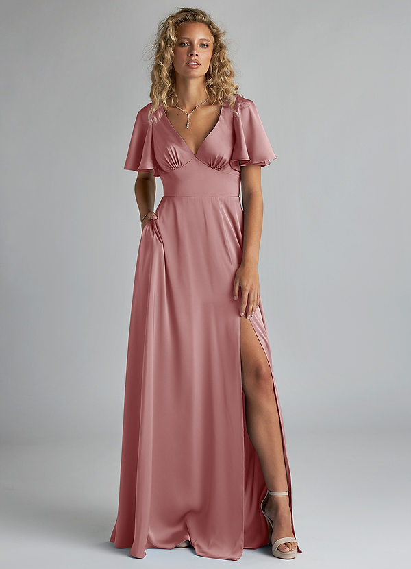 Azazie Kimber Bridesmaid Dresses Dusty Rose A-Line Ruched Stretch Satin Dress image1