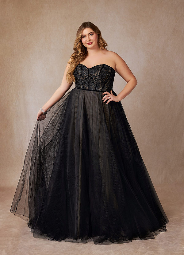 Azazie Persephone Wedding Dresses Black Nude Ball-Gown Lace Tulle Dress image1