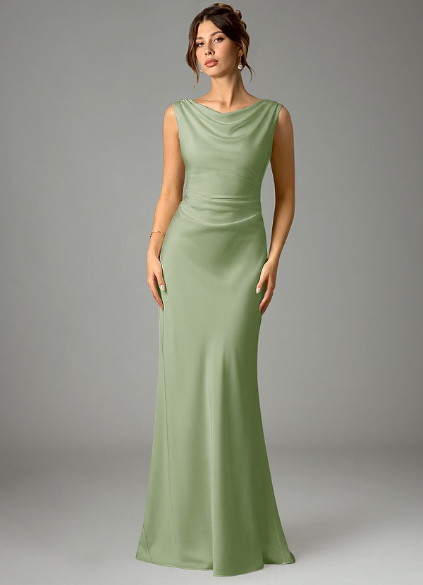 Azazie Kieryn Bridesmaid Dresses Dusty Sage Mermaid Pleated Stretch Satin Dress image1