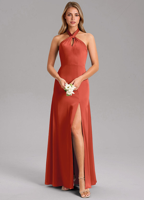 Azazie Tracie Bridesmaid Dresses Rust A-Line Side Slit Stretch Satin Dress image1