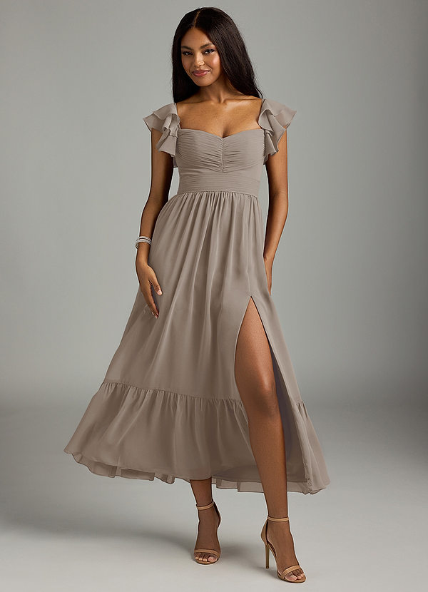 Azazie Anaya Brautjungfernkleider A-Linie Plissee Chiffon Kleid Taupe image1