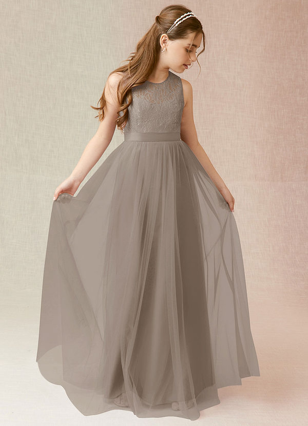 Azazie Georgette Junior Taupe A-Line Lace Tulle Dress image1