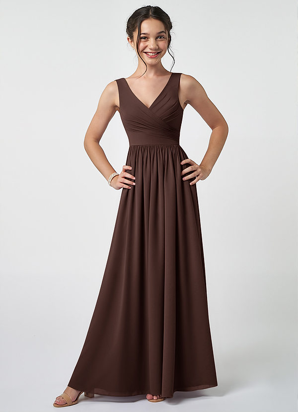 Azazie Keyla Junior Ganache A-Line Pleated Chiffon Dress image1