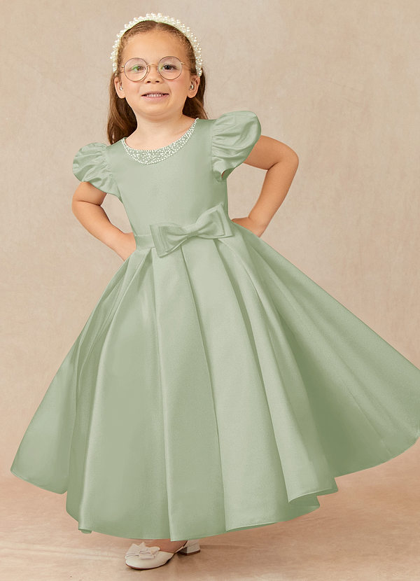 Azazie Jewel Flower Girl Dresses Dusty Sage Ball-Gown Pleated Matte Satin Dress image1