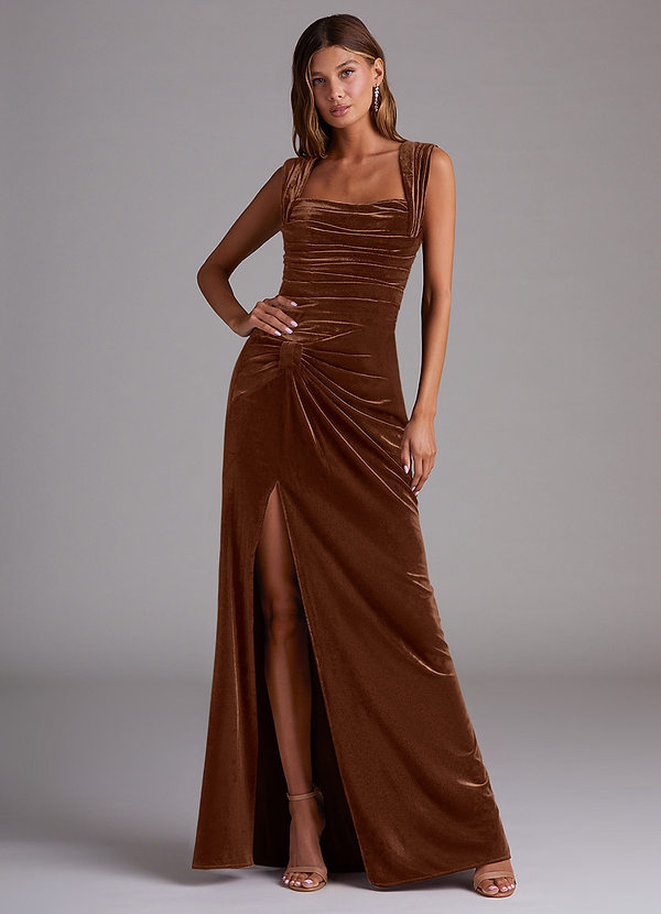 Azazie Genesis Bridesmaid Dresses Umber Sheath Pleated Velvet Dress image1