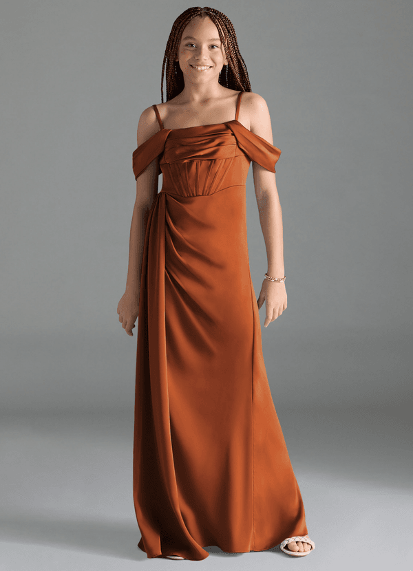 Azazie Amyra Junior Cinnamon Sheath Off the Shoulder Stretch Satin Dress image1