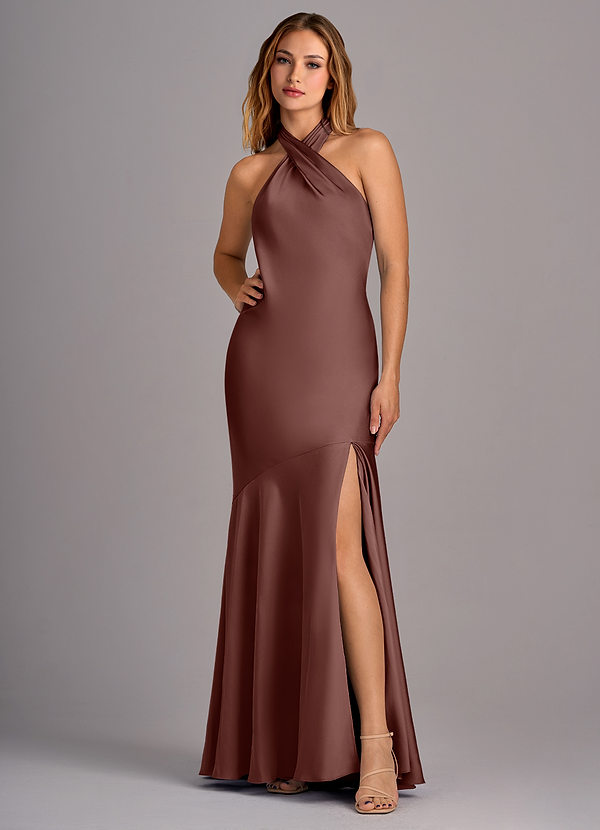 Azazie Lorena Bridesmaid Dresses Espresso Mermaid Pleated Stretch Satin Dress image1