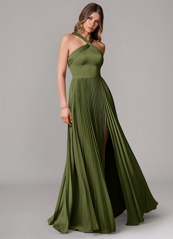 Azazie Afra Bridesmaid Dresses Olive A-Line Pleated Stretch Satin Dress image1