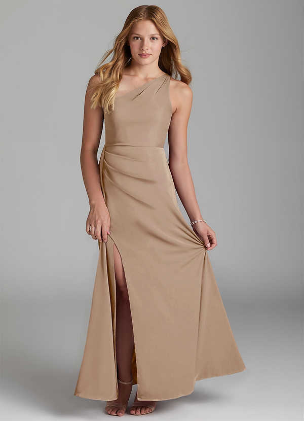 Azazie Maron Junior Linia A Pofałdowany Satyna elastyczna Długość podłogi Młodsza druhna Sukienka image1