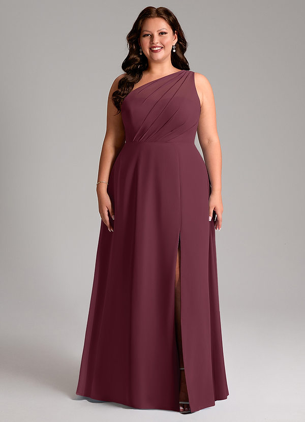 Azazie Phaedra Vestidos Dama de Honor Vestido de Cabernet de Gasa de Corte en A con Hombro unilateral image1