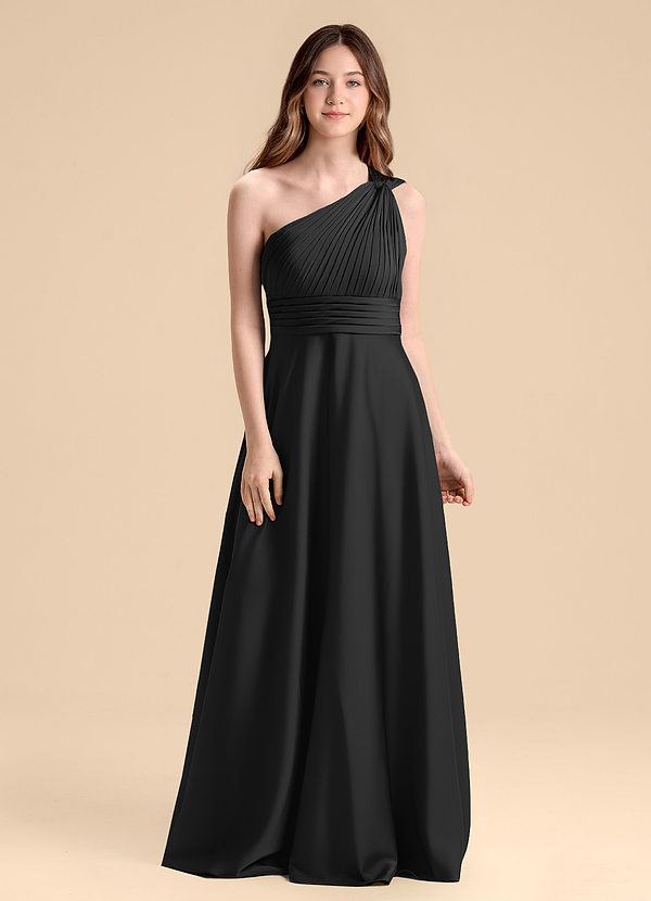 Azazie Charlize Junior Vestido de Negro de Satén Elástico de Corte en A con Plisado image1