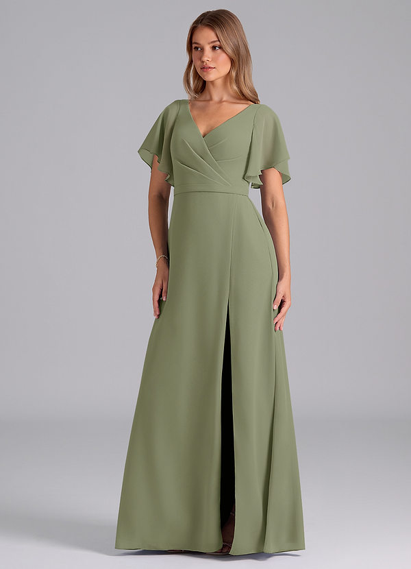 Azazie Ambrosia Bruidsmeisjes Jurken Jurk van Chiffon met A-Lijn Geplooid Pistache image1