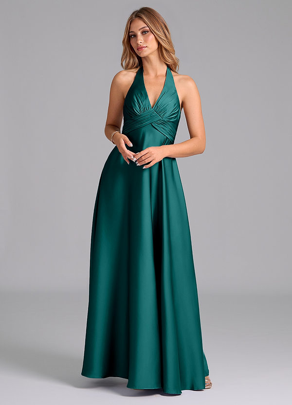 Azazie Tessie Bridesmaid Dresses Peacock A-Line Pleated Stretch Satin Dress image1