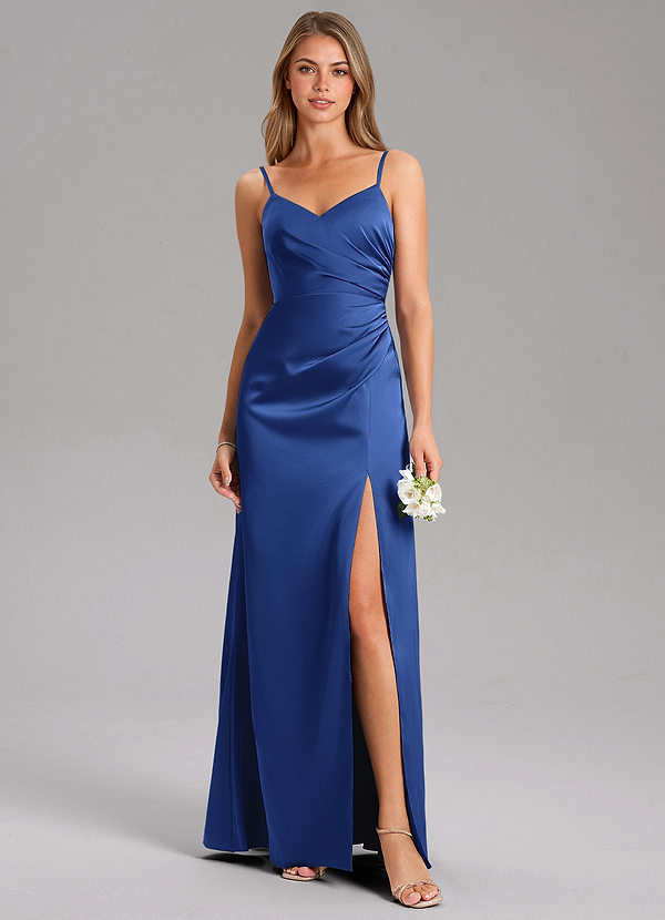 Azazie Azuree Bridesmaid Dresses Royal Blue A-Line Pleated Stretch Satin Dress image1