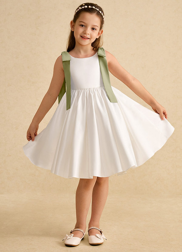 Azazie Stacie Flower Girl Dresses Ivory Moss Green A-Line Bow Matte Satin Dress image1