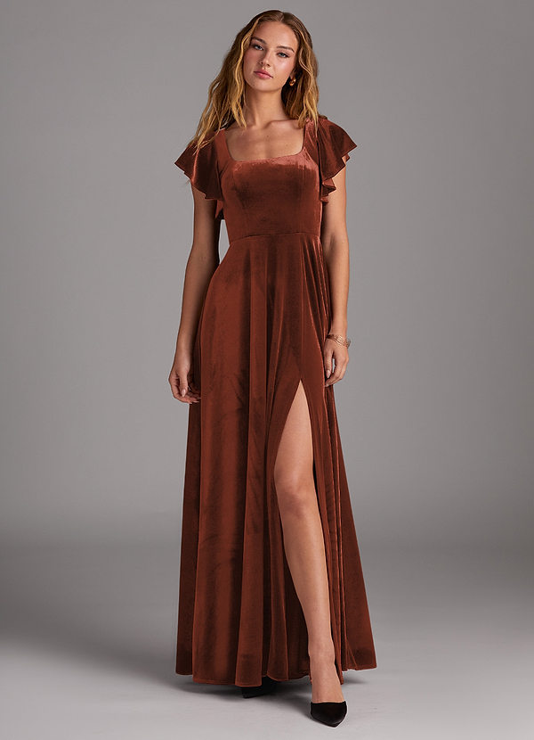 Azazie Bondi Bridesmaid Dresses Terracotta A-Line Side Slit Velvet Dress image1