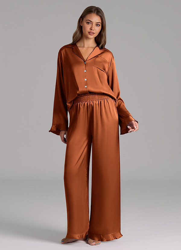 front Matching Color Ruffled Satin Long Sleeve Pajama Set