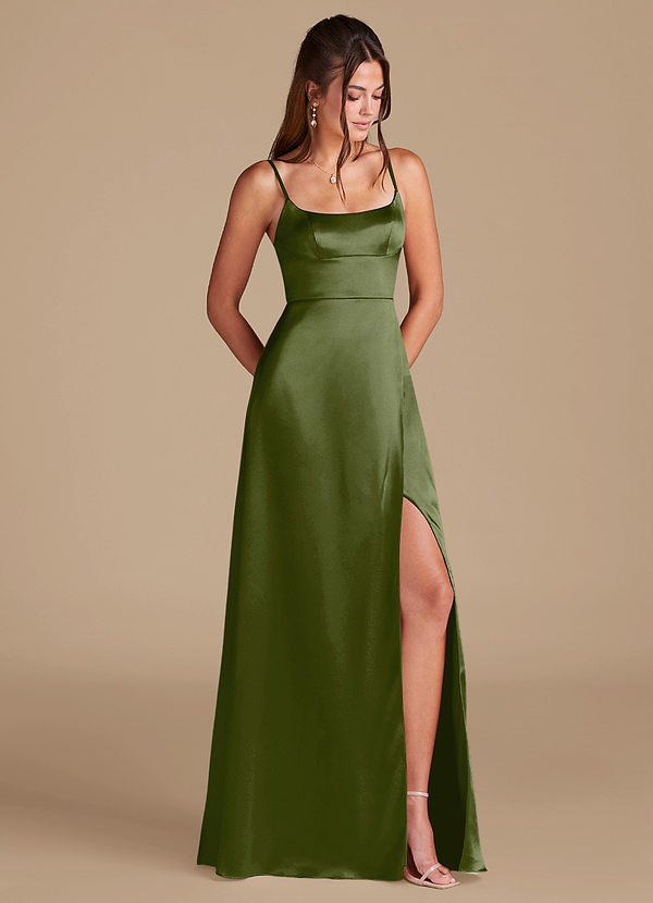 Azazie Halsey Bridesmaid Dresses Olive A-Line Side Slit Metallic Satin Dress image1