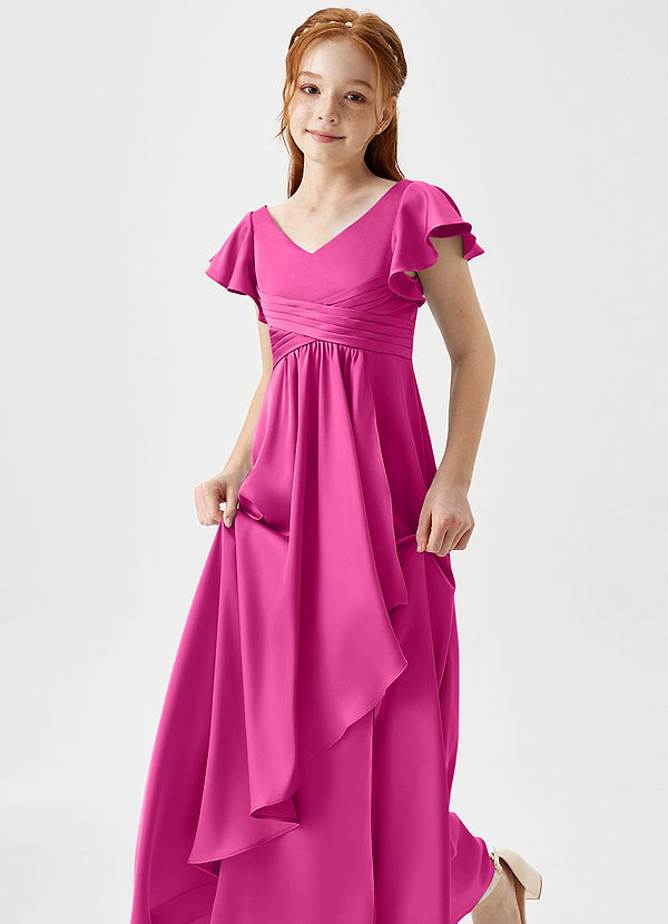 Azazie Omari Junior Fuchsia A-Line Pleated Stretch Satin Dress image1