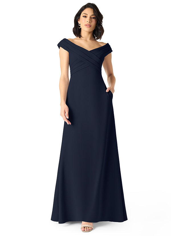 Azazie Evita Bridesmaid Dresses Dark Navy A-Line Off the Shoulder Stretch Crepe Dress image1