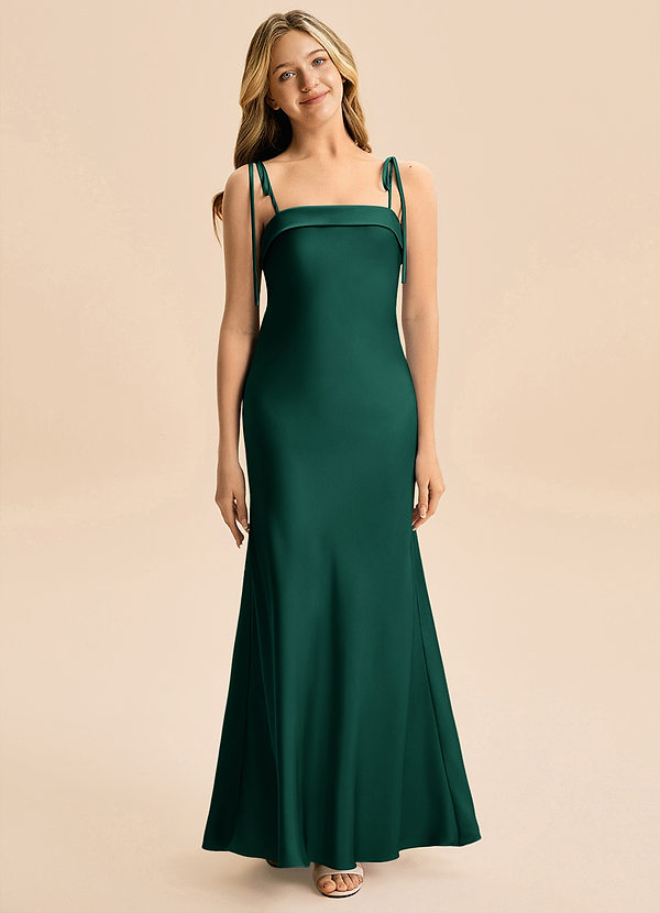 Azazie Willa Junior Emerald A-Line Bow Stretch Satin Dress image1