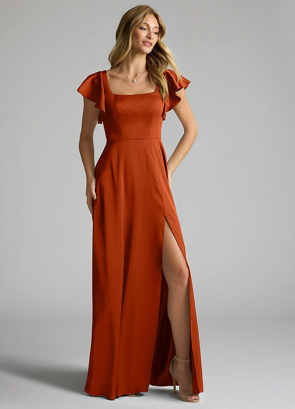 Azazie Bondi Bridesmaid Dresses Paprika A-Line Bow Stretch Satin Dress image1