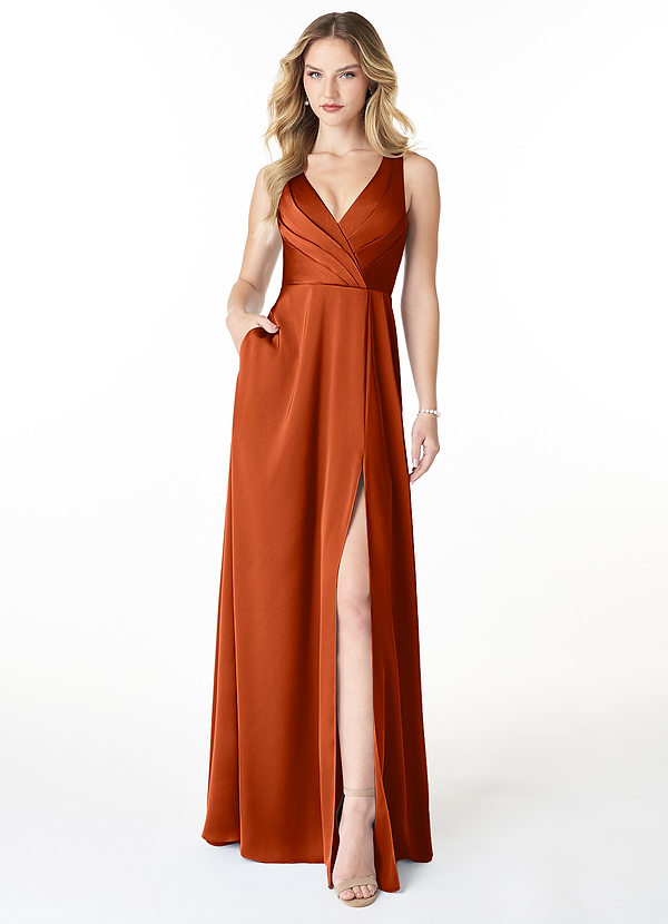 Azazie Nelly Bridesmaid Dresses Paprika A-Line V-Neck Pleated Stretch Satin Dress image1