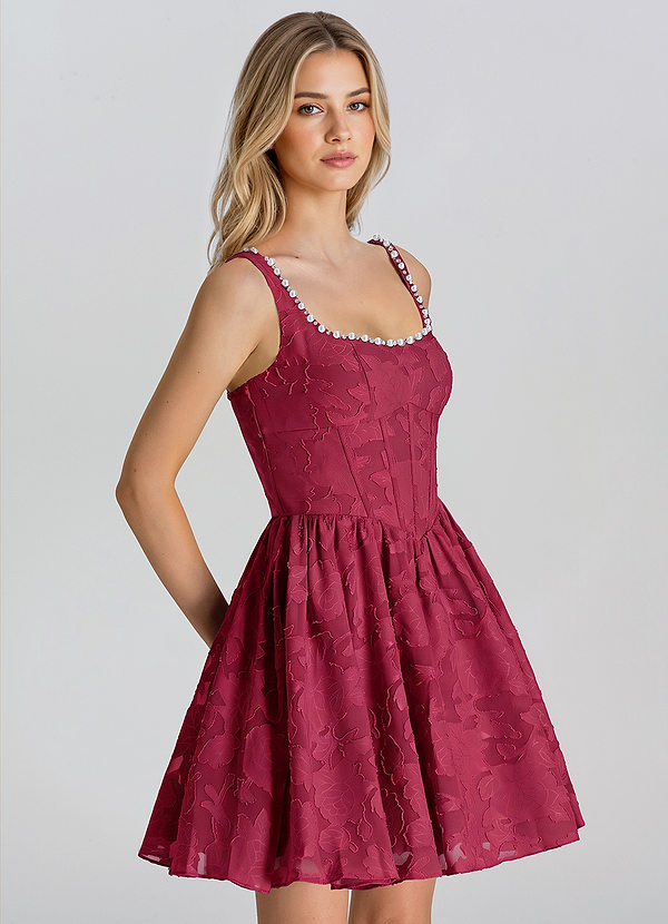Mignonette Merlot A-lijn mini-jurk met parels en burnout-effect image1