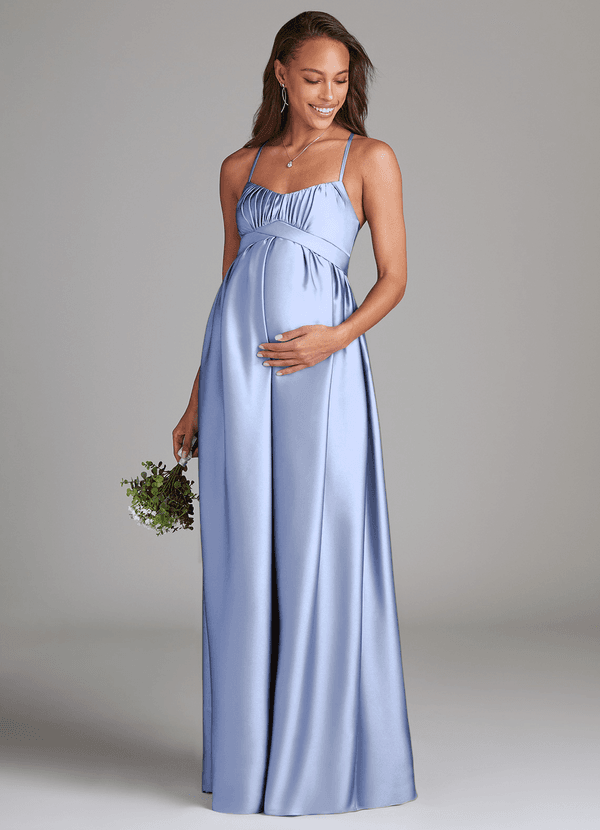 Azazie Llana Maternity Bridesmaid Dresses A-Line Stretch Satin Floor-Length Dress with Pockets image1