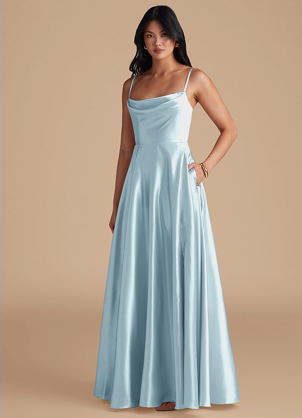 Azazie Elle Bridesmaid Dresses Sky Blue A-Line with Pockets Metallic Satin Dress image1