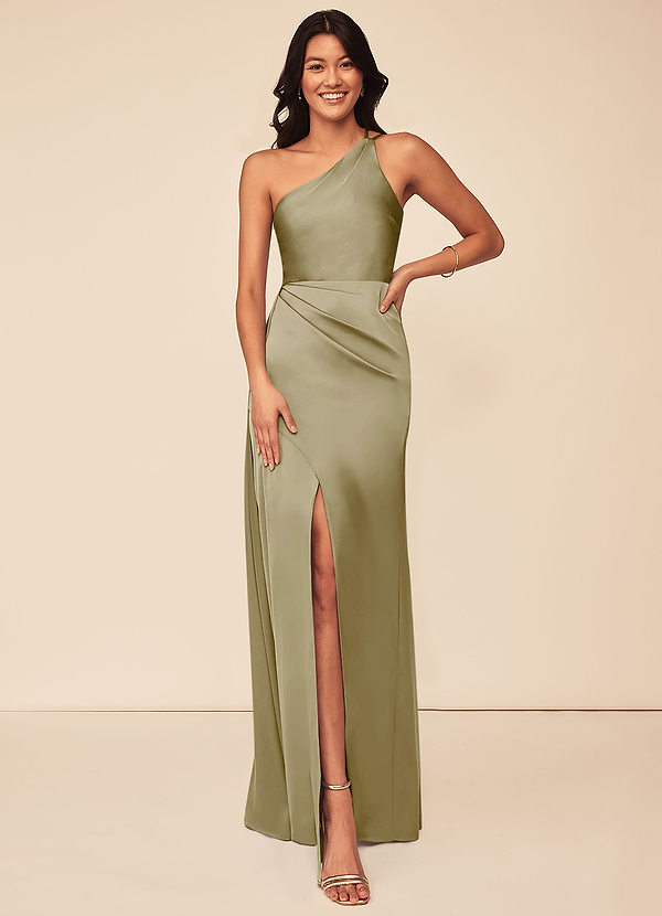 Azazie Maron Bridesmaid Dresses Moss Green A-Line One Shoulder Stretch Satin Dress image1