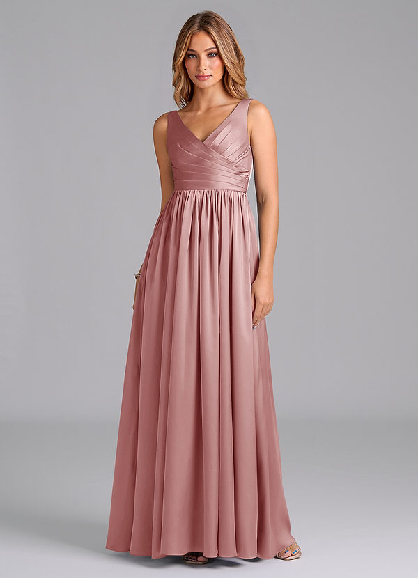 Azazie Keyla Bridesmaid Dresses Dusty Rose A-Line Pleated Stretch Satin Dress image1