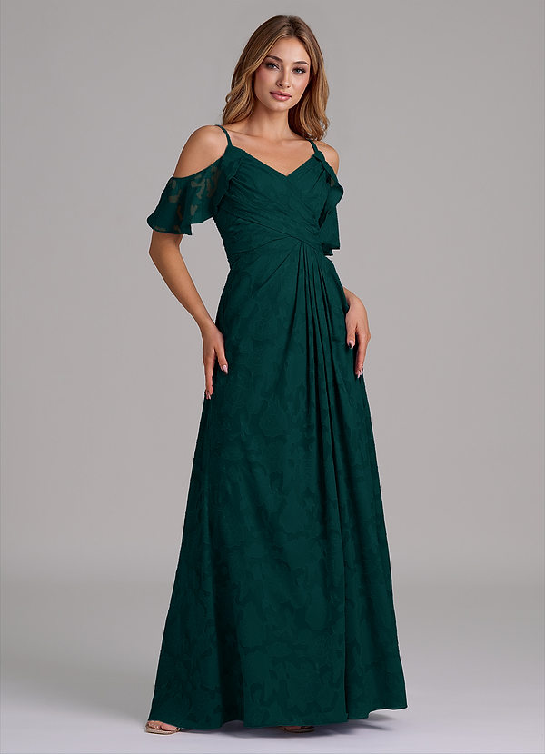 Azazie Dakota Bridesmaid Dresses Pine A-Line Off the Shoulder Floral Burnout Dress image1