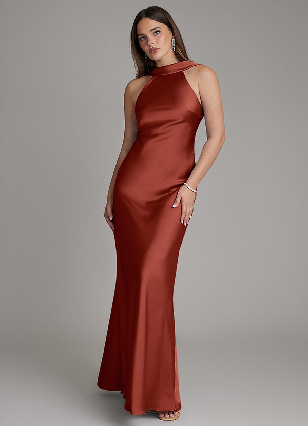 Azazie Dimitra Robes Demoiselle d'honneur Robe Trapèze en Satin extensible Plissée Terracotta image1