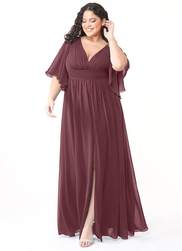 Azazie Temeka Robes Demoiselle d'honneur Robe Trapèze en Mousseline de soie Rayé Sangria image1