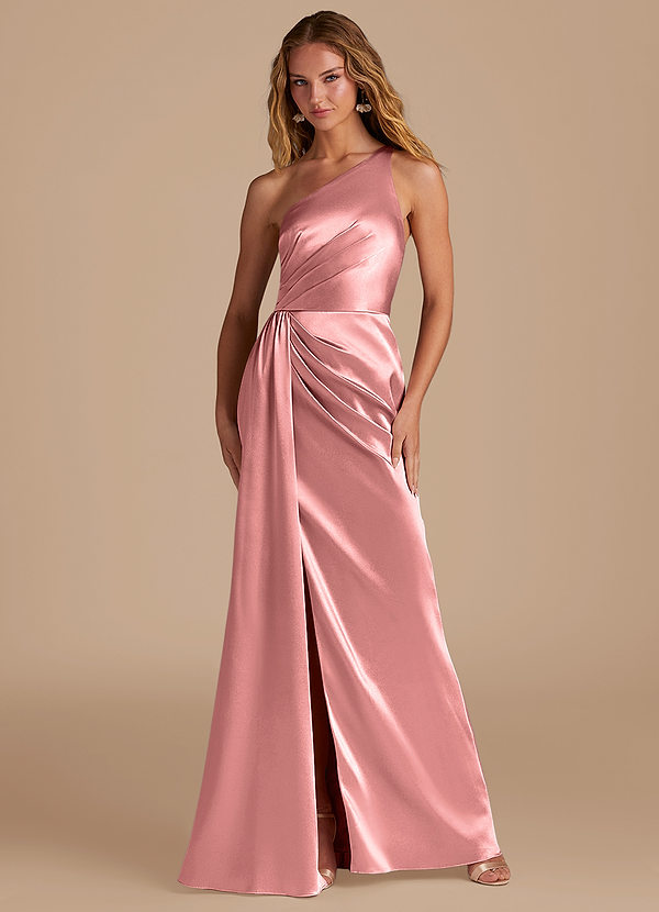 Azazie Mika Bridesmaid Dresses Rosette Sheath One Shoulder Metallic Satin Dress image1