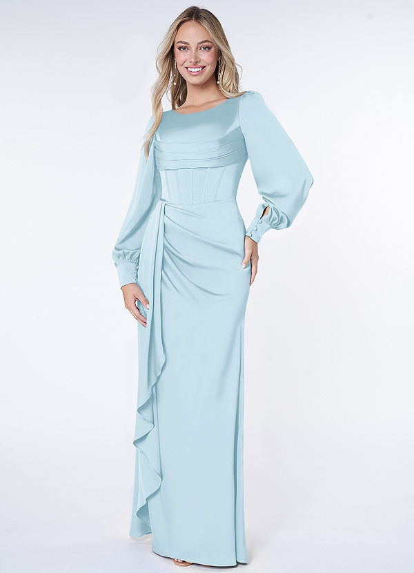 Azazie Raye Bridesmaid Dresses Sky Blue Fitted Long Sleeve Stretch Satin Dress image1