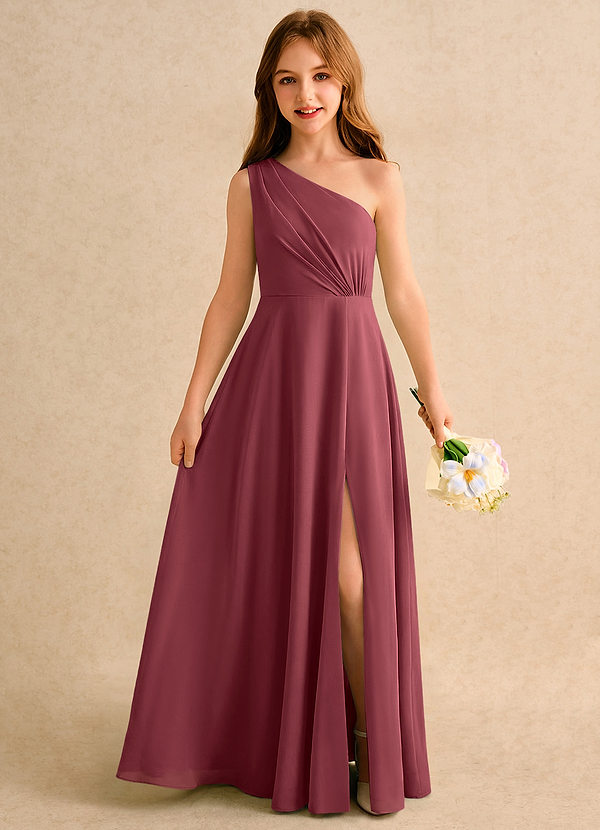 Azazie Puddles Girls Formal Abiti da Ragazza di Fiori Abito A-Line in Chiffon Monospalla Merlot image1