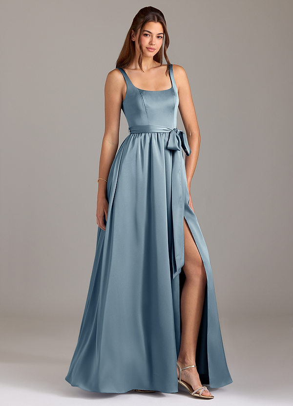 Azazie Elliott Vestidos Dama de Honor Vestido de Azul Polvoriento de Satén Elástico de Corte en A con Con bolsillos image1