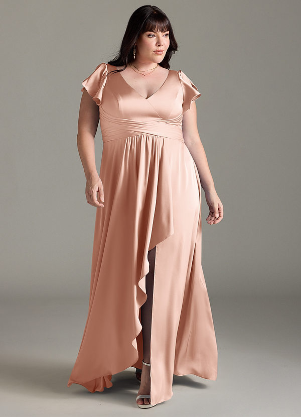 Azazie Omari Bridesmaid Dresses Rose Gold A-Line Stretch Satin Dress image1