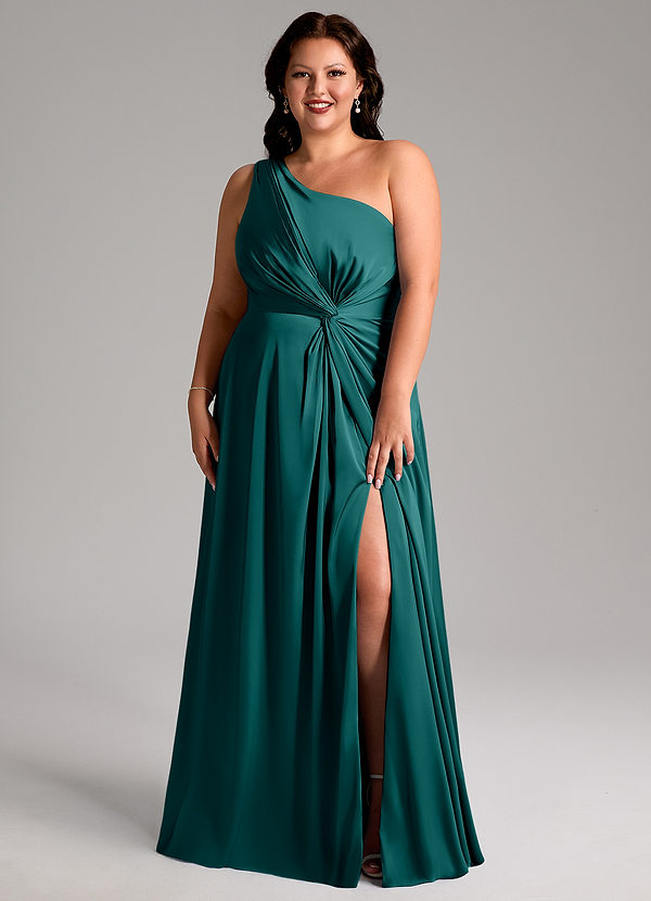 Azazie Brooke Bridesmaid Dresses Peacock A-Line One Shoulder Stretch Satin Dress image1