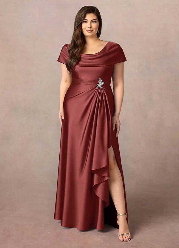 Azazie Branford Mother of the Brides Dresses Terracotta A-Line Pleated Stretch Satin Dress image1