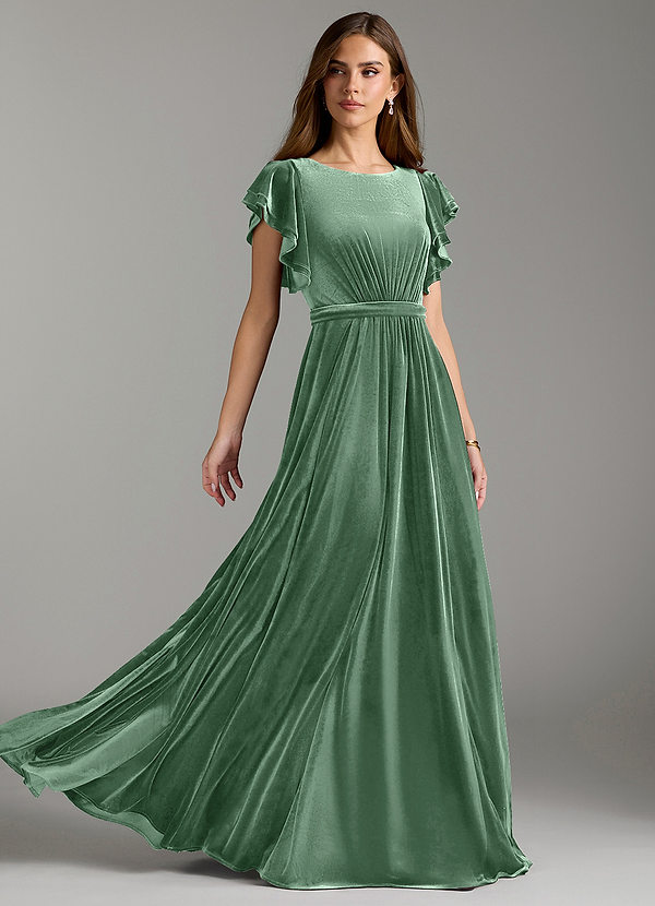 Azazie Daphne Vestidos de dama de honor modestos Vestido de Corte En A Con cinturón Hasta el suelo terciopelo image1