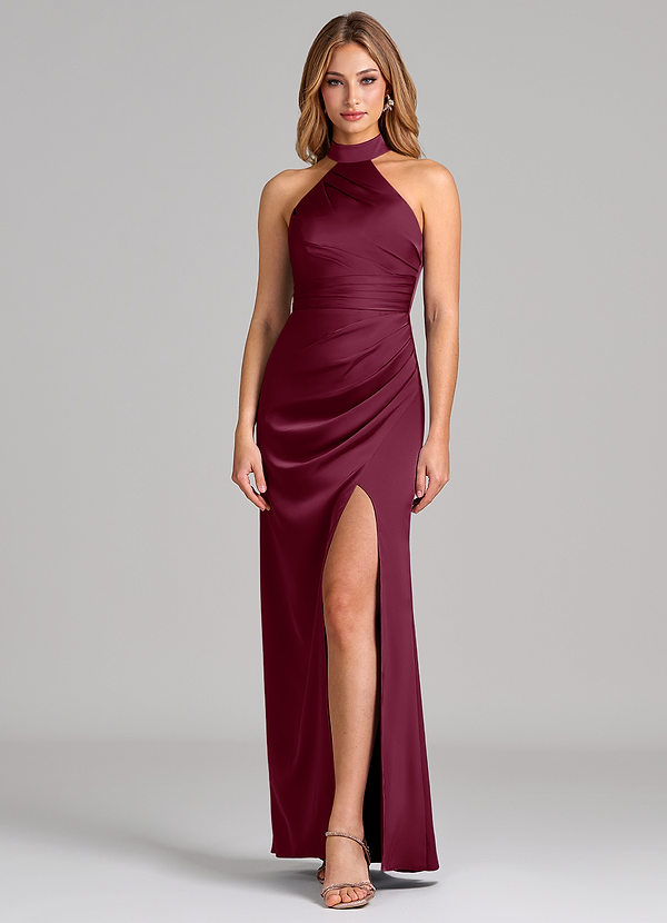 Azazie Karlotta Bridesmaid Dresses Mulberry Sheath Pleated Stretch Satin Dress image1