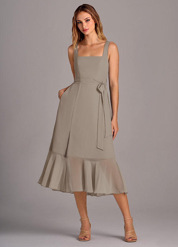 Azazie Deb Bridesmaid Dresses Taupe A-Line with Pockets Chiffon Convertible Dress image1