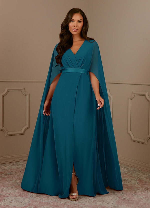 Azazie Isa Mother of the Brides Dresses Ink Blue A-Line V-Neck Pleated Chiffon Dress image1