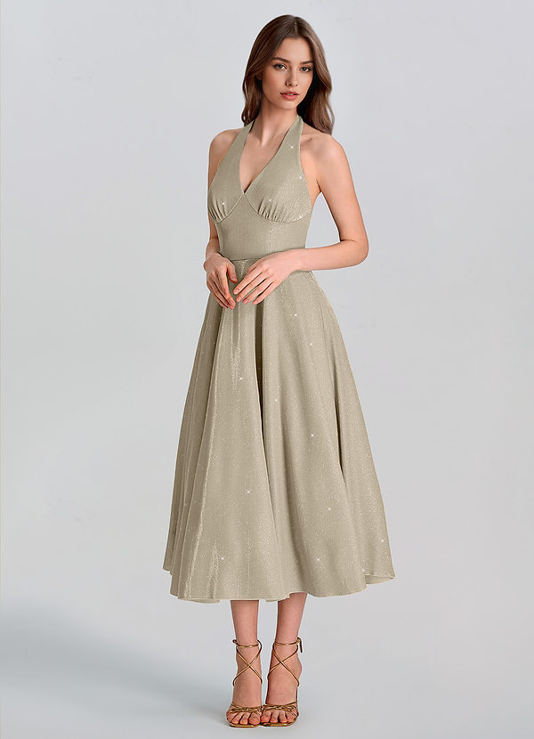 Tessi Oro Vestido Midi con Brillo, Lazo en la Espalda y Corte en A image1