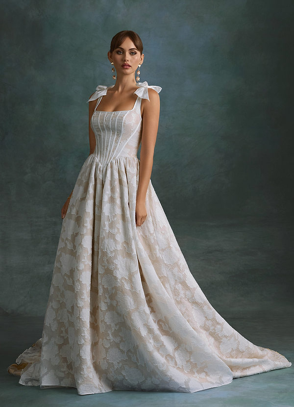 Azazie Rosalinda Wedding Dresses Diamond White Champagne Ball-Gown with Pockets Floral Burnout Dress image1